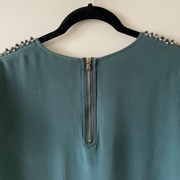 Club Monaco Beaded Short Sleeve Round Neck Shift Mini Dress Moss Green 2 - Picture 7 of 9